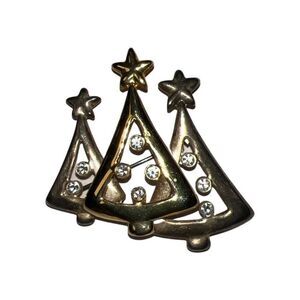 Vintage Christmas Tree Trio Pin Silver and Gold Rhinestone Holiday Brooch